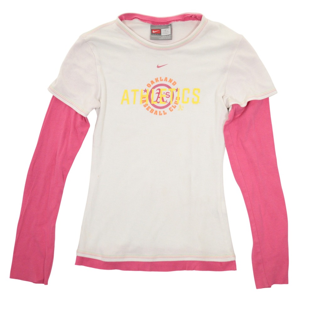 VTG Nike Oakland Athletics Shirt Girls S Layered Graphic Tee White Pink Cotton